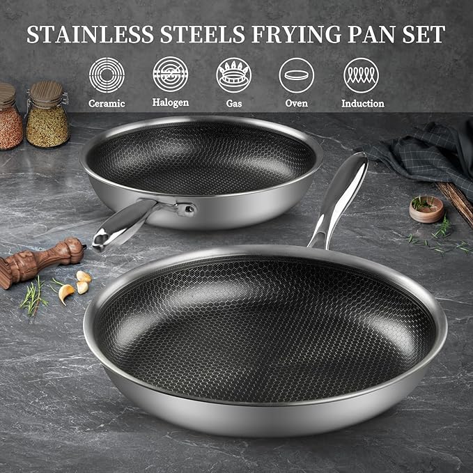 Innerwell Stainless Steel Frying Pan Set with Lid 10" and 12" Nonstick Honeycomb Coatings Skillet Set 2pcs W/Stay Cool Handle,Works Pan for Cooking with Induction Gas Stovetops