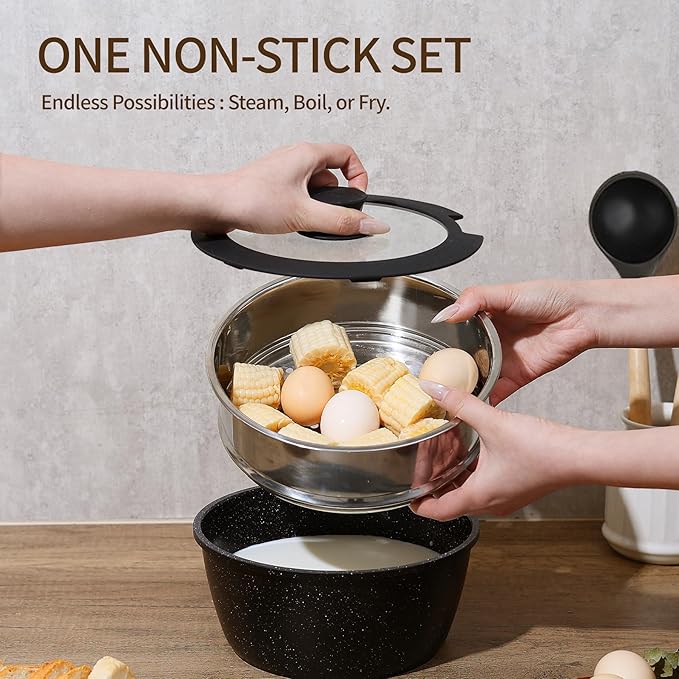 Nonstick Ceramic Cookware Set 21PCS with Detachable Handle, Pans and Pots Set, RV Kitchen Set Cookware Set, Pan Pots with Removable Handles, Oven Safe, Induction Ready(Black)