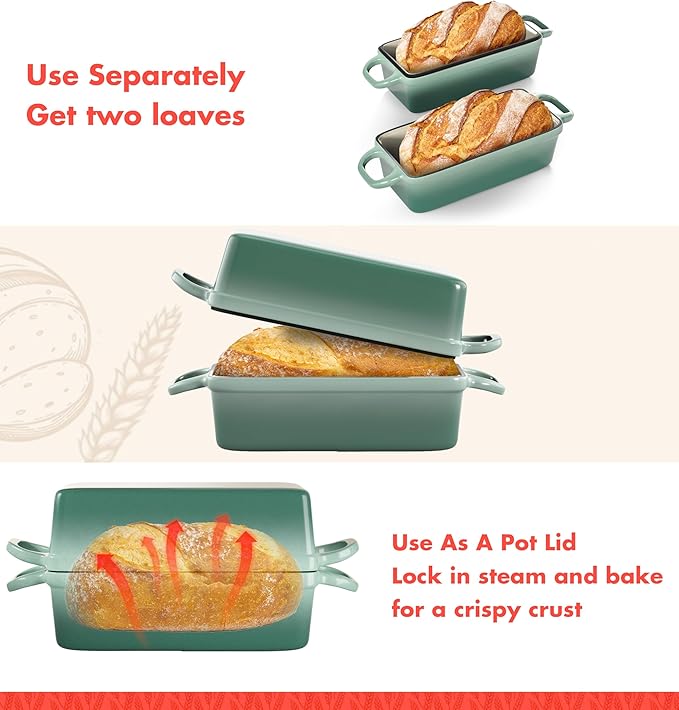 2 IN 1 Cast Iron Bread Loaf Pan with Lid, 3.4QT 9x5 Inch Dutch Oven for Bread Baking, Even Heating Bread Oven, Enameled Bread Pan for Homemade Sourdough Bread Baking & Versatile Cooking, Green