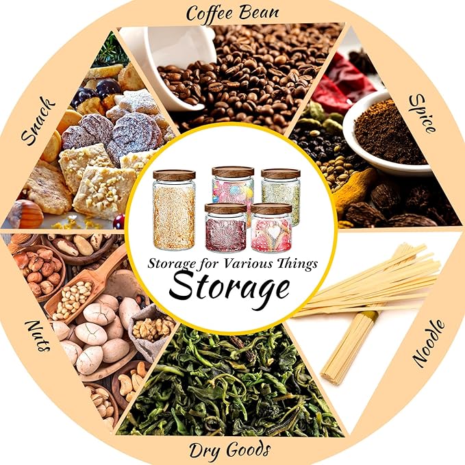 Gerrii 5 Pcs Sunflower Pattern Round Vintage Glass Food Storage Containers 17/24/34 oz Glass Jar Airtight Candy Jar Food Canisters for Kitchen Counter Pantry Coffee Tea Bean