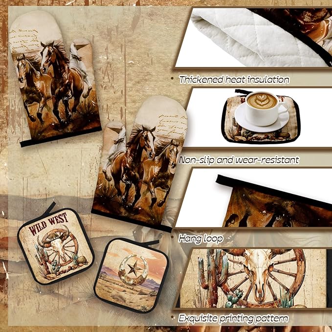 10 Pcs Western Cowboy Kitchen Decor Oven Mitts and Pot Holders Set Western Cowboy Kitchen Accessories Vintage Dish Towels Farmhouse Rugs and Mats for Home Cooking Baking Housewarming Gifts
