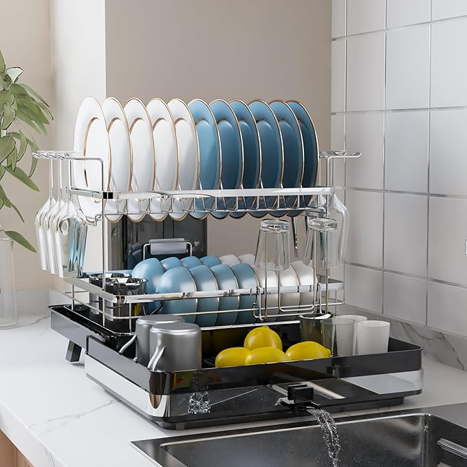Pumokc Dish Drying Rack, Expandable Large Capacity 2 Tier Dish Drying Rack, Stainless Steel Dish Drainer with Utensil Holder, Adjustable Width for Kitchen Counter,Black