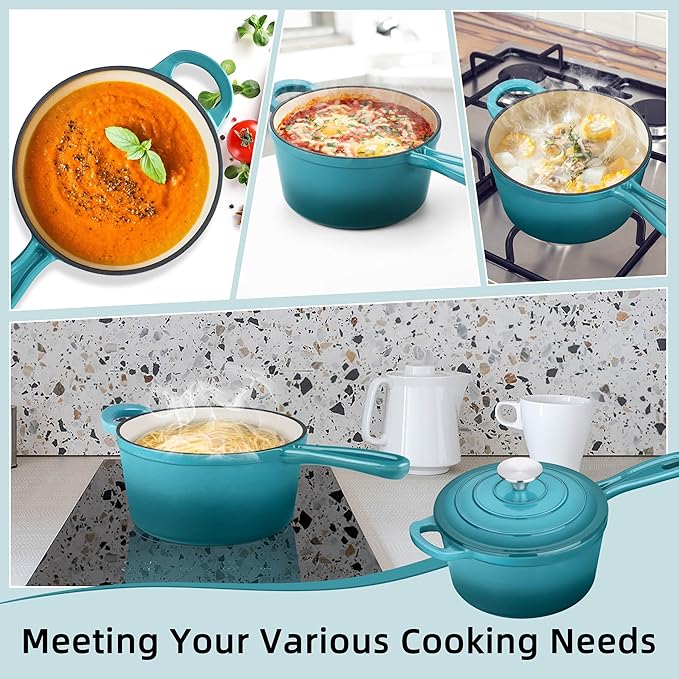 HaSteeL 3 QT Cast Iron Saucepan, Enamel dutch oven with lid, Small Non Stick Pan for Milk, Pasta Tomato Sauce, Butter, Breakfast, Soup, Suitable for Boiling Stewing Frying, Easy to Clean, Green