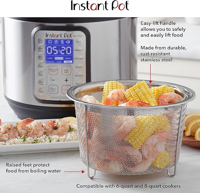 Instant Pot Official Large Mesh Steamer Basket, Stainless Steel, Round - Versatile Steamer & Strainer for Vegetables, Fish, and More - Durable, Rust-Resistant, Easy-Lift Handle, Dishwasher Safe
