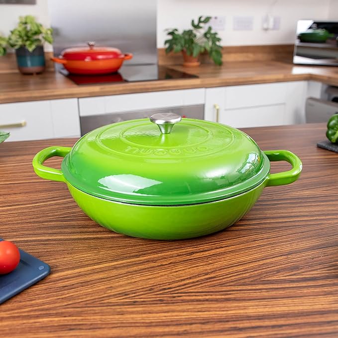 Shallow Cast Iron Casserole with Lid – Non Stick Dutch Oven Pot, Oven Safe up to 500° F – Sturdy Ovenproof Stockpot Cookware – Enamelled Cooking Pot – Green, 5-Quart, 32cm – by Nuovva