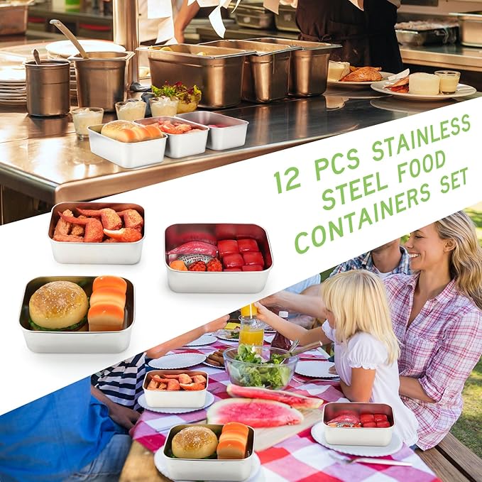 12 Pcs Stainless Steel Food Storage Containers with Lids, 37 oz Metal Lunch Bento Box, Lightweight Stackable Easy Open Meal Prep Container for Kitchen Picnic, Freezer & Dishwasher Safe