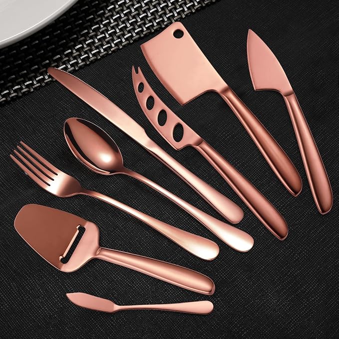 Rose Gold Cheese Knives Silverware 8 Pieces inlude dinning Knife Fork Spoon Stainless Steel Kitchen Gadget Baking Utensils Cooking Tool Multifunctional Durable