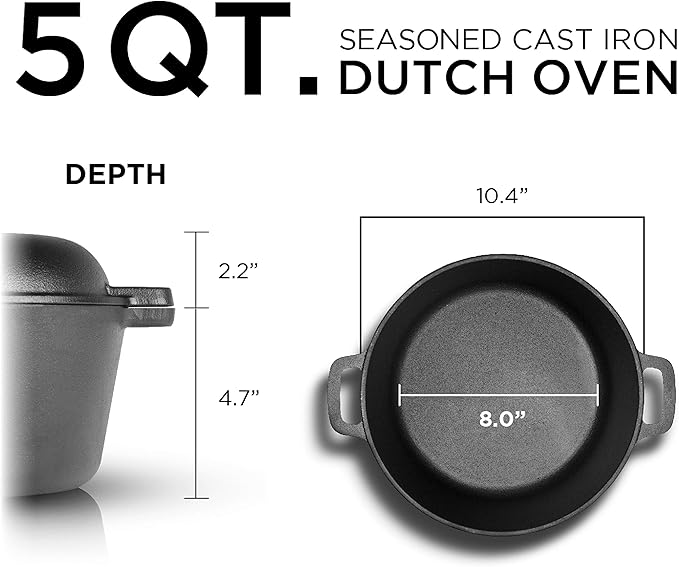 Commercial Chef 2-in-1 5-Qt. Dutch Oven with 10.25-Inch Skillet Lid, Pre-Seasoned Cast Iron, Works on All Cooktops Including Induction, Outdoor Cookware for Campfires or Grills, CHFL508
