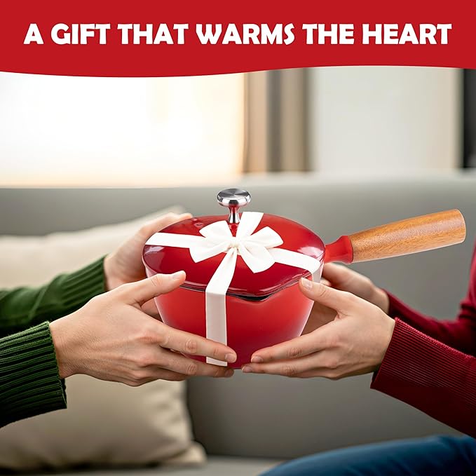 Mabeeze Heart-Shaped Enameled Cast Iron Saucepan with Lid – 1-Quart Red Small Sauce Pot for All Cooktops – Durable, Nonstick Cookware for Milk, Soup, Pasta Sauce – Ideal Gift