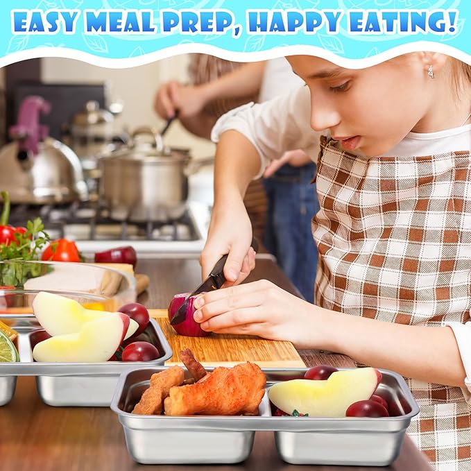 12 Pcs Stainless Steel Snack Containers 30 oz 2-compartment Meal Prep Containers Reusable Metal Divided Bento Box with Silicone Lids Leakproof Lunch Box Dishwasher Safe (White)