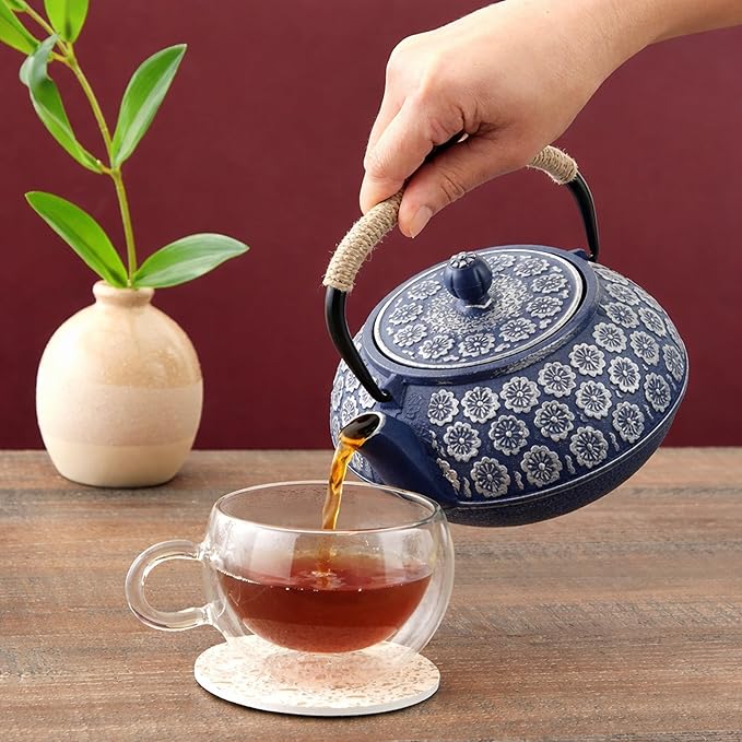 Juvale Japanese Cast Iron Teapot with Infuser & Stovetop Tea Kettle - 34 oz, Blue - Heat Retention, Removable Lid & Fold-Down Handle