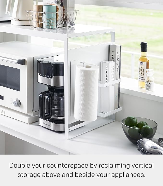 YAMAZAKI Home Kitchen Appliance Rack, Microwave Stand With Steel Side Panel, Adjustable Shelves, Hooks & Storage For Countertops, Small Kitchen Organizer, Modern Minimal Design - Steel