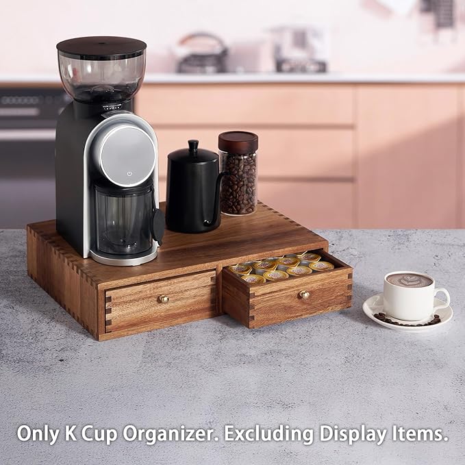Acacia Wood K Cup Organizer Drawer, Coffee Pod and Tea Storage Box with Non-Slip Pad, 30 Pod Capacity Under Brewer, Countertop Coffee Station Holder for Machine Stand