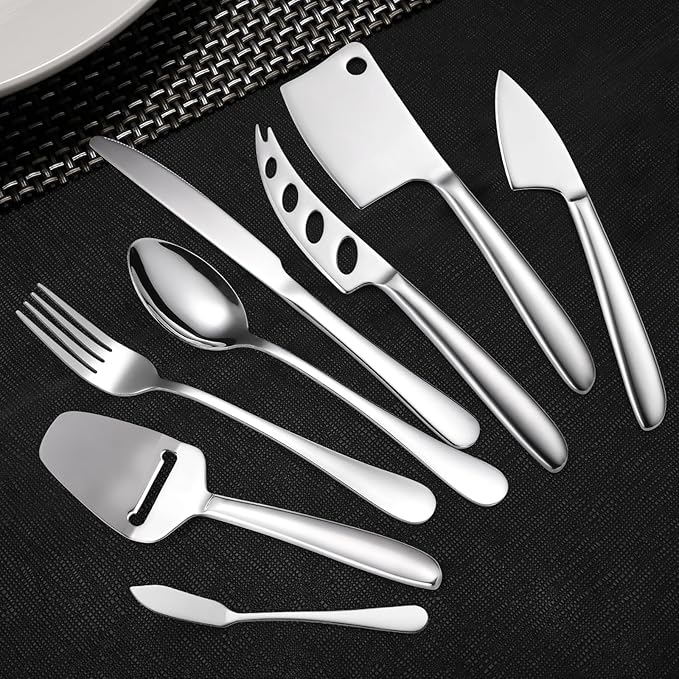 Modern Cheese Knives Silverware Set 8 Pieces include Dinning Knife Fork Spoon Stainless Steel Cooking Utensils Kitchen Gadget Tool Multifunctional Durable for Daily Use and Parties