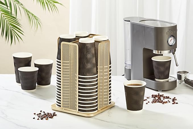 Annova Paper/Plastic Cup and Lid Holder Plastic Storage Organizer, 360°Rotating Coffee Mup Dispenser with 4 Compartments, Multifunctional Storage Rack for Home, Office, Bar, Coffee Shop (Gold)