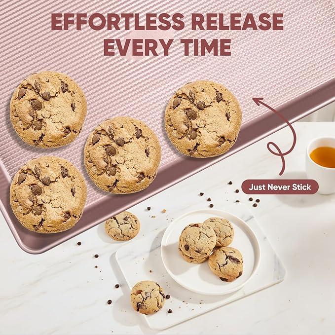 Nonstick Baking Sheet Pan Set of 3, Heavy Duty Cookie Sheets for Oven with Stripe Texture Pattern, 0.6mm Thick Quarter/Half/Jelly Roll Pans, Rust-Resistant & Easy Clean (Pink)
