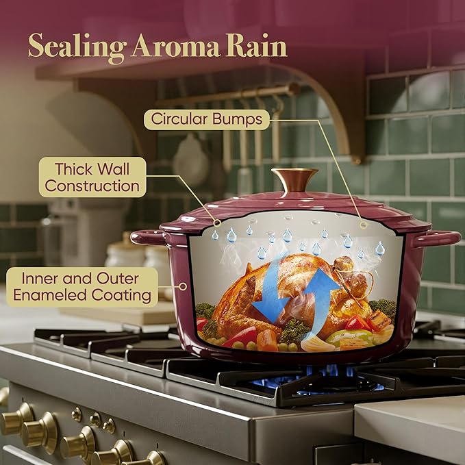 Vintage Style 6 Quart Dutch Oven Pot with Lid, Non Stick Enameled Cast Iron Dutch Oven for Bread Baking, Heavy-Duty, Oven Safe Ceramic Cookware Up to 500°F for Baking, Braising, Stews, Roasting, Rose