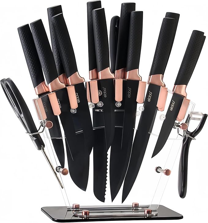 elabo Kitchen Knife Set - 16 Pcs Knife Set with Acrylic Block and Sharpener, Stainless Steel Knives Set for Kitchen Includes Sharp Knives, 6 Serrated Steak Knives, Dishwasher Safe(Rose Gold)
