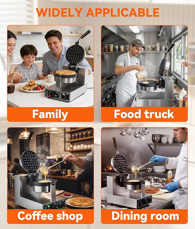 Commercial Waffle Maker, 1300W Round Waffle Iron, Teflon-Coated Non-Stick Baking Pan 180° Rotatable Waffle Baker Machine Stainless Steel Body With Temp and Time Control 110V-120V