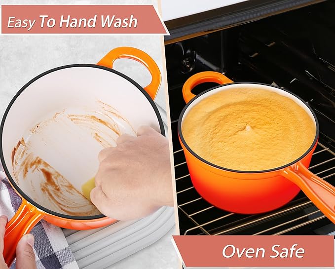 TeamFar 2QT Enameled Cast Iron Sauce Pan, Small Sauce Pot Saucepan with Lid, Mini Dutch Oven for Cooking/Baking/Simmering/Boiling, Sturdy & Nonstick, Oven Safe & Fit for Induction- Orange