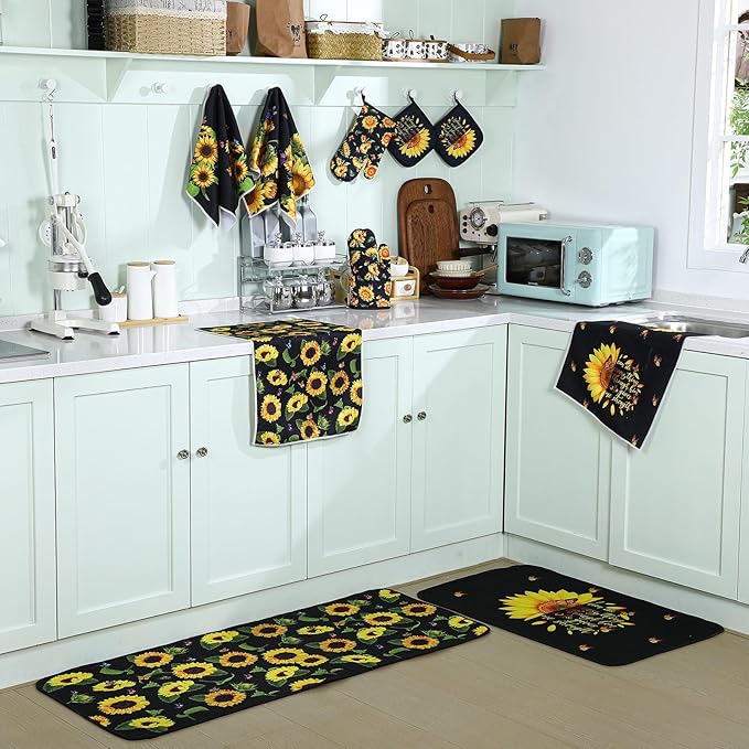 10 Pcs Sunflower Kitchen Decor Sunflower Oven Mitts and Pot Holders Set Black Dish Towels Summer Rugs Mats Farmhouse Kitchen Accessories for Chef Baking Cooking Grilling BBQ Women Home Gift