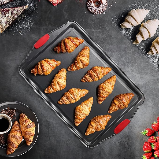 Baking Sheet Set, 3-Piece Cookie Sheet Set with Silicone Handles, Steel Baking Pan, Durable Baking Sheets for Oven, BPA Free Cookie Sheets for Baking Nonstick Set, Premium Sheet Pan, Black Baking Tray