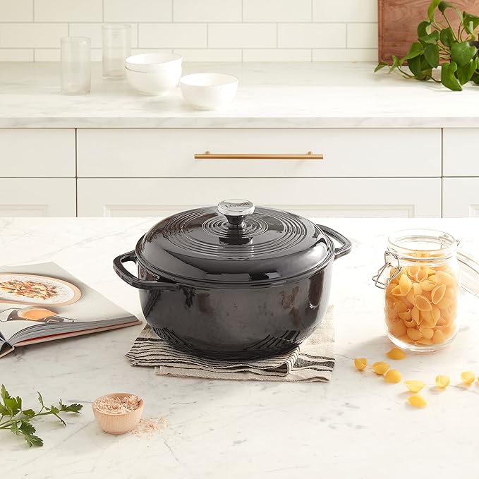 Lodge Essential Enamel Cast Iron Dutch Oven - Perfect for Bread Baking, Braising, Marinating & Slow Cooking - Features Moisture-Sealing Lid & Dual Handles - Kitchen Essentials - 6 Quarts - Midnight Chrome