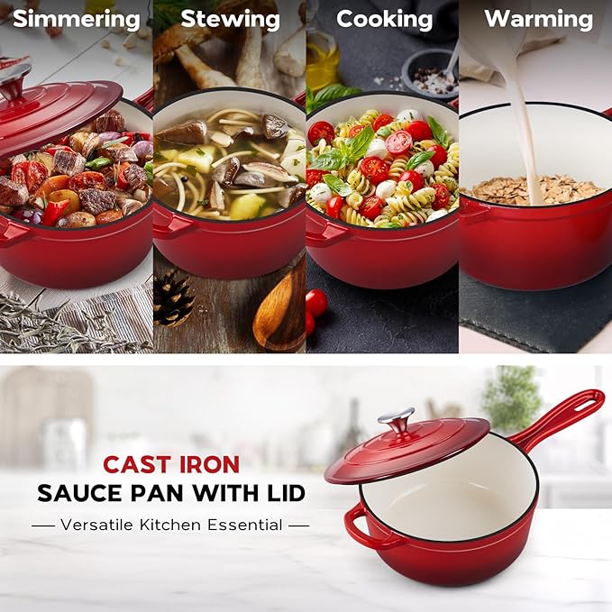 Onader Cast Iron Sauce Pan Pot, 3QT Small Saucepan with Lid, Enameled Cast Iron Dutch Oven Cooking Kitchen Pot, Nonstick & Heavy Duty – Red