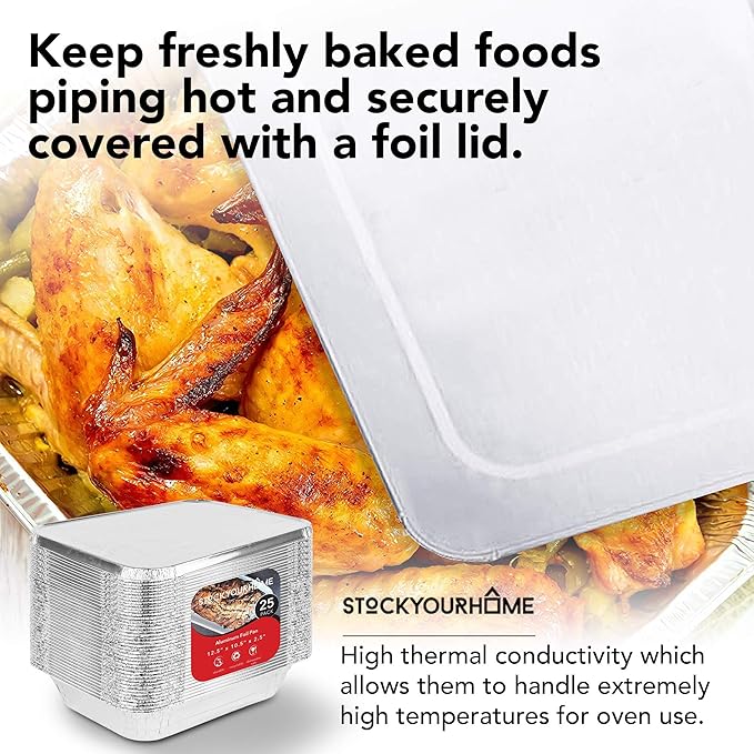 Stock Your Home Foil Pans with Lids - 9x13 Aluminum Pans with Covers - 25 Foil Pans and 25 Foil Lids - Disposable Food Containers Great for Baking, Cooking, Heating, Storing, Prepping Food Silver