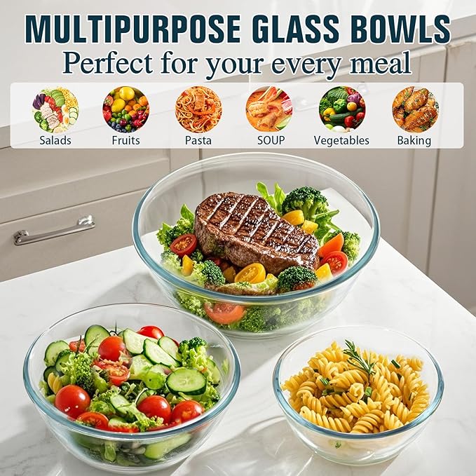 Glass Mixing Bowls with Lids Set(4.5QT, 2.7QT, 1.1QT),Glass Bowls with Lids Large Mixing Bowl Salad Bowls Space-Saving Nesting bowls Serving bowls Storage Container for Cooking,Baking,Prepping