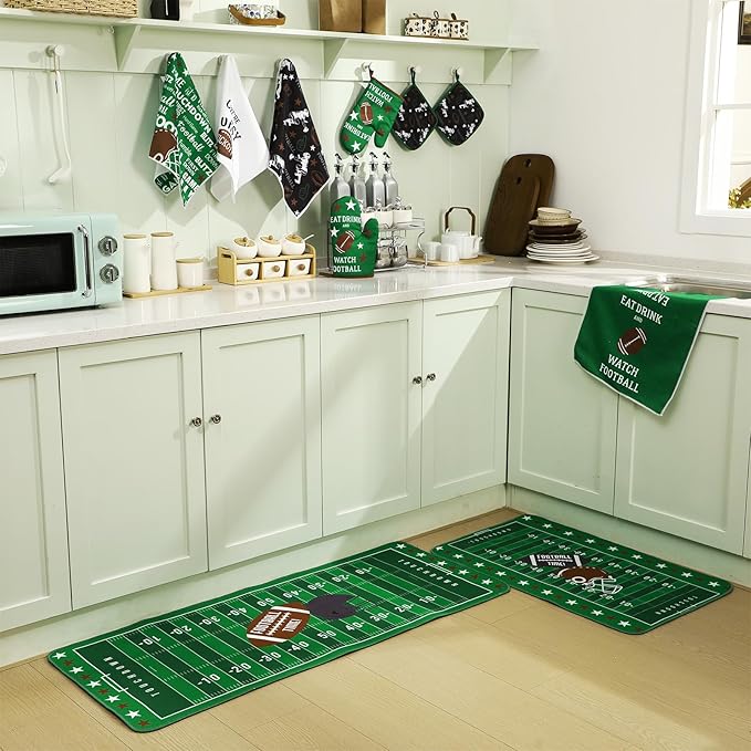 10 Pcs Football Kitchen Decor Oven Mitts and Pot Holders Sets Football Dish Towels Pot Holders Sports Kitchen Rugs and Mats for Women Reusable Cooking Grilling Accessories Mom Gift