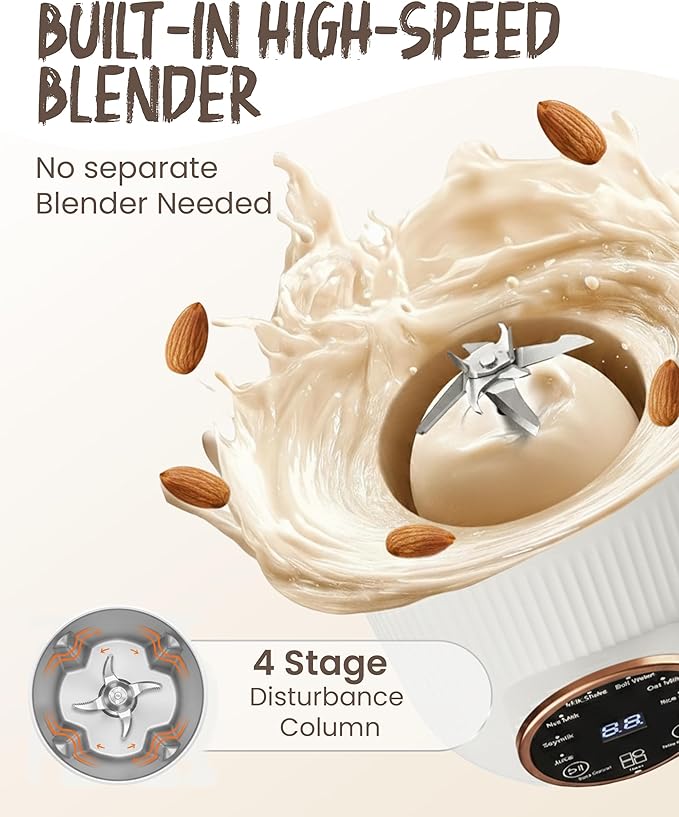 Wamery 32oz Nut Milk Maker Machine - Plant‑Based Milk Maker for Almond, Oat & Soy, Automatic Heated Programs, Self‑Cleaning, Delay Start, Keep Warm & Boil Water, 1‑Liter Capacity with Starter Kit