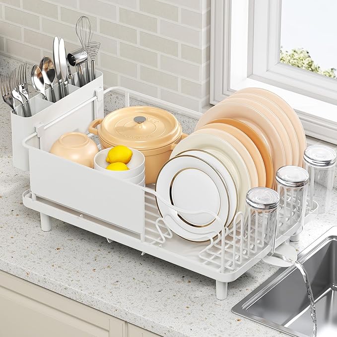 Dish Drying Rack Large Capacity - Stainless Steel Dish Rack for Kitchen Counter with Drain Board, Rustproof Dish Drainer with Auto Drain Spout, Utensil Holder & Glass Holder, Dinnerware Organizer