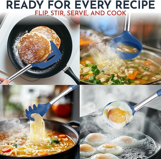 Silicone Kitchen Utensils Set 34 Pieces 450 °F Heat Resistant - Blue Cooking Utensils-Set for Nonstick Cookware - Silicone Spatulas Set, Stainless Steel Handle & Other Kitchen accessories