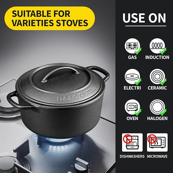 Pre-Seasoned Cast Iron Dutch Oven Pot with Lid Dual Handle, Sourdough Bread Baking Pots, Bread Oven, Camping, Grill, Induction, Electric, Round 7 Quart, Black