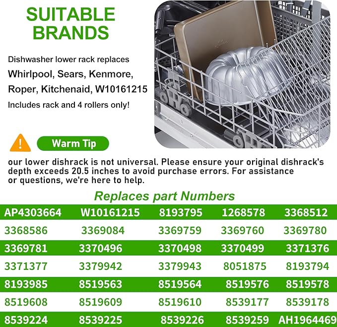 W10161215 for Whirlpool Dishwasher Rack,The Size of This Product is 20.5" Deep x 20.5" Wide x 6''Height,Measure Carefully Before Buyin