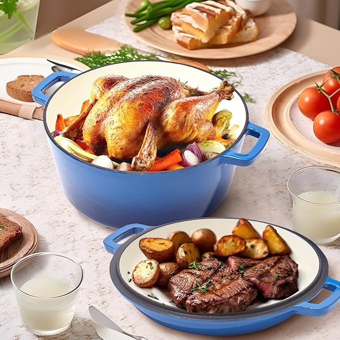 2 in 1 Enameled Cast Iron Dutch Oven Pot 6QT with 2QT Lid - Big Dual Handles - Oven Safe up to 500°F - Classic Round Pot for Versatile Cooking Blue
