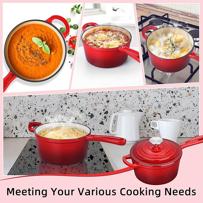 HaSteeL 3 QT Cast Iron Saucepan, Enamel dutch oven with lid, Small Non Stick Pan for Milk, Pasta Tomato Sauce, Butter, Breakfast, Soup, Suitable for Boiling Stewing Frying, Easy to Clean, Red