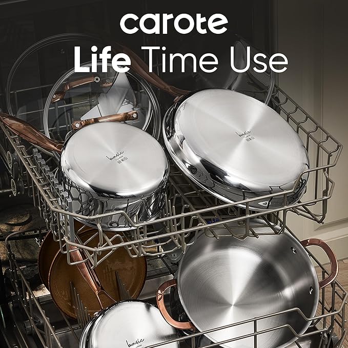 CAROTE 8 Qt Tri-Ply Stainless Steel Stockpot, Non-Toxic Stock Pot with Lid, Soup Pot for Pasta, Even Heating, Oven Safe, Induction, Ceramic and Gas Cooktops Compatible, Sliver