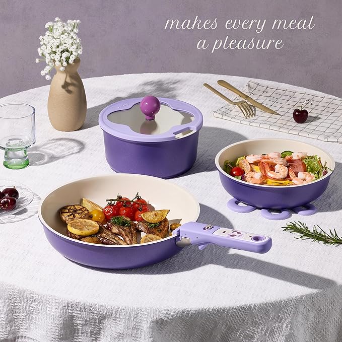 CAROTE 11pcs Ceramic Cookware Set, Pots and Pans Set Non stick, Induction Kitchen Cookware with Removable Handle, RV Dishwasher & Oven Safe, RV/Camping Cookware, PFOA Free, Purple