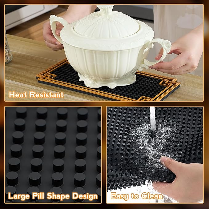 2 Pcs Bar Mat 24 x 12 Inch Non Slip Rubber Mat with Gold Border Durable Stylish Spill Cocktail Service Coffee Mats for Restaurants Barbershop Clippers Bartending, Black