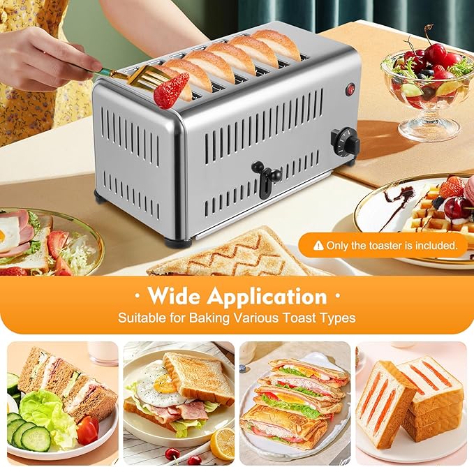 Electric 6 Slice Toaster with 5 Shade Settings, Commercial Bread Baking Machine 1.1in Wide Slot, 1680W, 201 Stainless Steel, for Various Bread Types