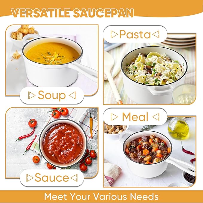 TeamFar 1+2QT Enameled Cast Iron Sauce Pan, Small Sauce Pot with Lid, Mini Dutch Oven Saucepan for Cooking/Simmering/Baking/Boiling, Sturdy & Nonstick, Oven Safe & Fit for Induction - White