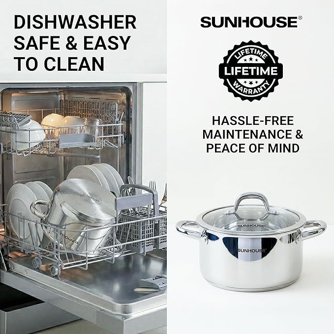 Sunhouse Professional 3.5-Quart Whole-Clad Multi-Ply Stainless Steel Stock Pot with Lid - Premium 18/10 - Induction Ready, Oven Safe Dishwasher Safe Cooking Pot