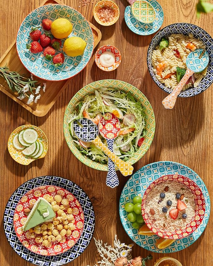 Ceramic Mixing Bowls for Kitchen, Colorful Nesting Bowls, Large Serving Bowls for Prepping, Baking, Mixing, Salad, Microwave Dishwasher Safe, 3.7/2.3/1.4 Qt, Set of 3