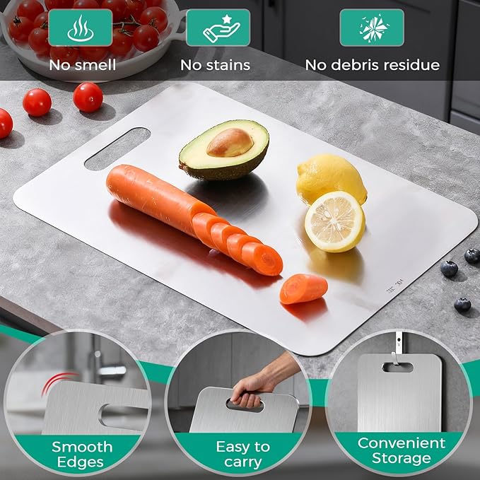 Katuchef Titanium Cutting Board - Upgraded 100% Pure Titanium Cutting Boards for Kitchen Non Toxic, Double-Grade Hygiene Durable Non Moldy Dishwasher Safe Meat Fruit Metal Board (2PC 11 * 15.5 Inch)