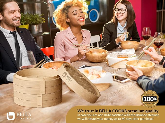 Bamboo Steamer 11-inch 2 Tier Dumpling Steamer Basket with Lid & 4 Chopsticks, Reusable Silicone Liners,Ring Adapter, Bun, Dim Sum, Rice Potsticker Steaming Chinese Asian Food & Vegetables, Fish, Meat.