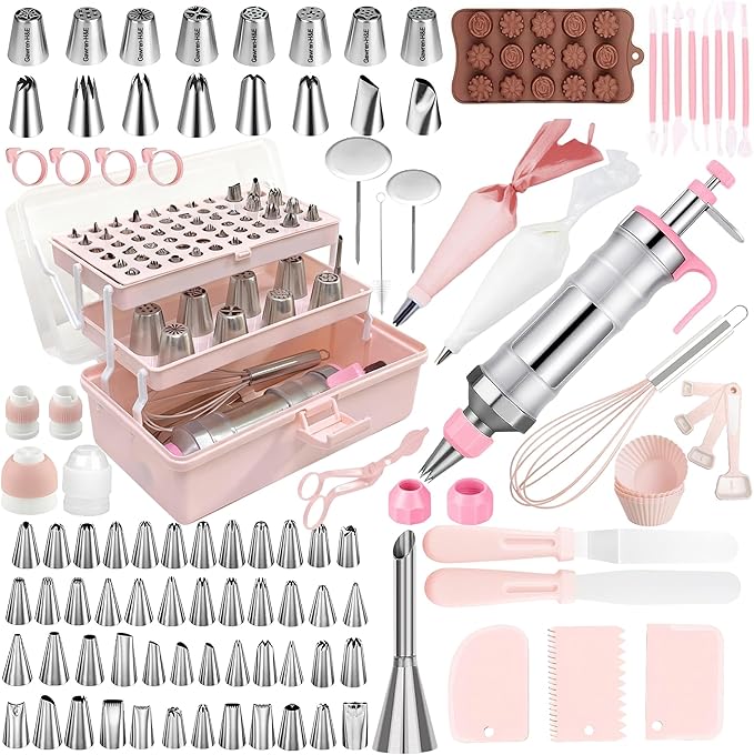 Gawren-H&E 208 PCS Cake Decorating Kit,Baking Supplies with Dessert Decorating Syringe Set,Storage Case,Icing Piping Bags and Tips Set,Frosting Fondant Bakery Set for Adults Beginners(Light Pink)
