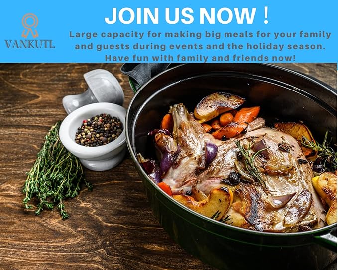 14.6 Inch Roasting Pan with Lid - Covered Oval Roaster - Enamel Carbon Steel Roaster Pot - Excellent Heat Distribution and Non-sticky - for Turkey Chicken Meat & Vegetables -Birthday and Holiday gift