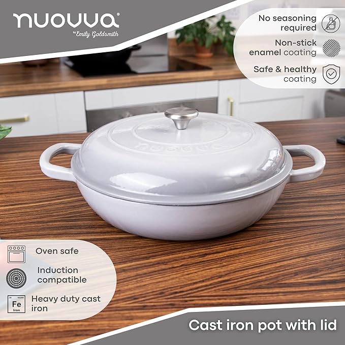 Shallow Cast Iron Casserole with Lid – Non Stick Dutch Oven Pot, Oven Safe up to 500° F – Sturdy Ovenproof Stockpot Cookware – Enamelled Cooking Pot – Grey, 5-Quart, 32cm – by Nuovva